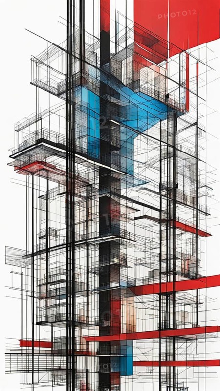 Sectional architectural drawing with a modern abstract design in red and blue, vertical aspect ratio, off white background color AI generated