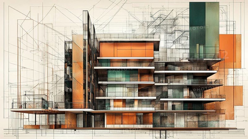 A sketch of a modern building concept with black, copper green and orange color accents, horizontal aspect ratio, off white background, AI generated