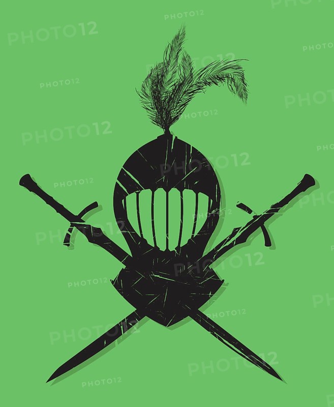 Medieval knight helmet and swords symbol, vector grunge effect