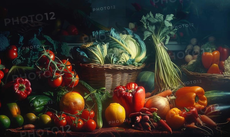 Still life Vegetables, Herbs and Fruit as ingredients in cooking. AI generated