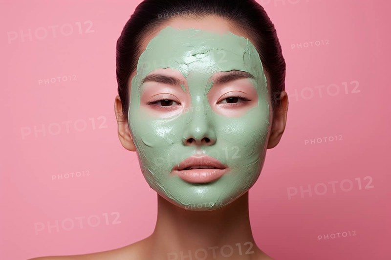 Face of woman with green matcha tea beauty face mask on pink background. KI generiert, generiert AI generated