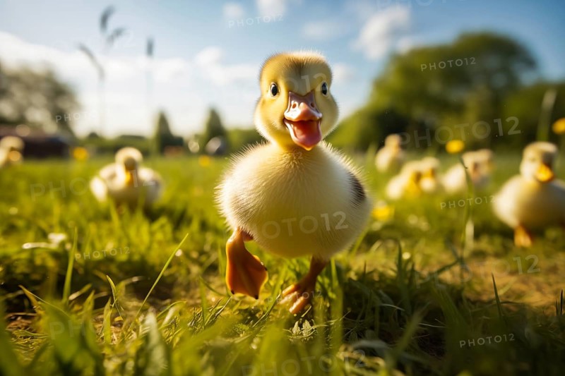 A close-up of a cute duckling standing in a sunlit meadow, with other ducklings and wildflowers in the background, AI generated