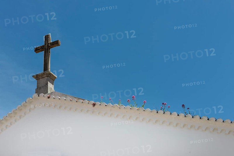 Flower-covered roof of a church, cross, religion, Christianity, lovely, idyllic, flowers, decoration, architecture, travel, holiday, Southern Europe, Monchique, Algarve, Portugal, Europe