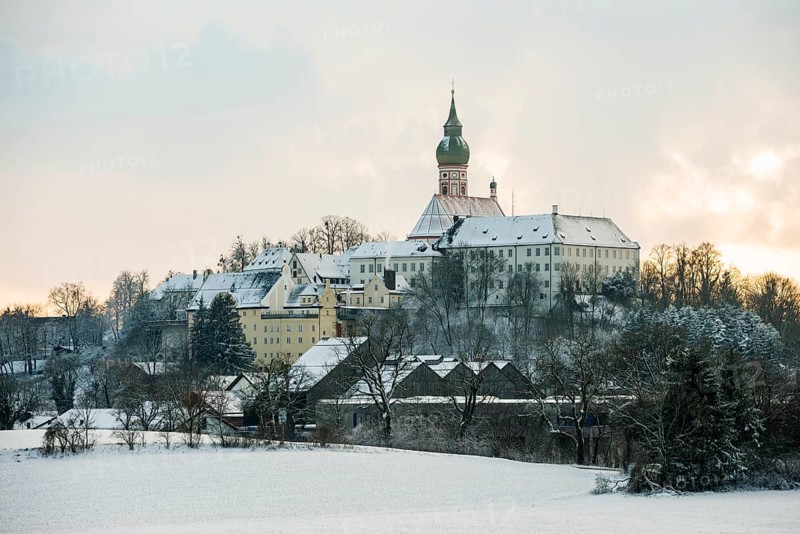 Andechs Monastery in winter, sunset, Fuenfseenland, Pfaffenwinkel, Upper Bavaria, Bavaria, Germany, Europe