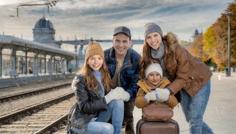 AI generated, A young family wants to travel and waits in the station for the train, 30, 35, years, blond, blonde, man, woman, knd, children, 10, 12, modern, modern, suitcase, handbag, winter jacket, white, sneakers, shoes, sexy, attractive, attractive, long-haired, transport, traffic, four people, family