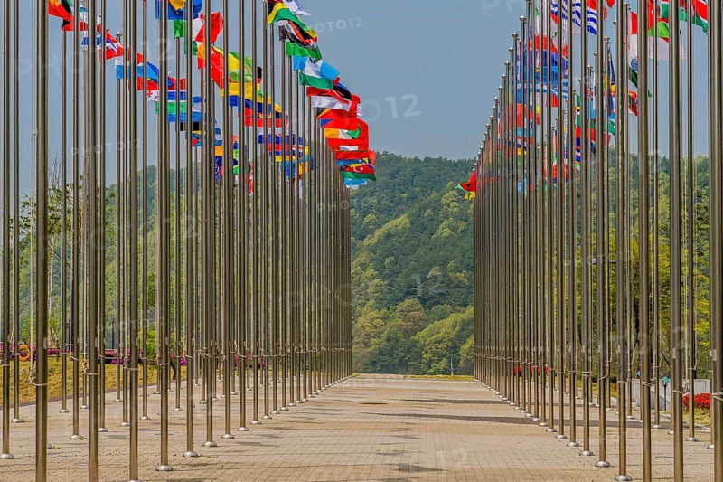 Flags from several nations flying on chrome flagpoles with trees and blue sky in background in South Korea