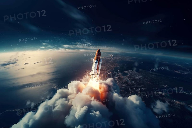 Aerial view of a rocket shuttle carrier launch at sunrise over an ocean coast. The rocket is blasting off with a trail of smoke and flames behind it, AI generated