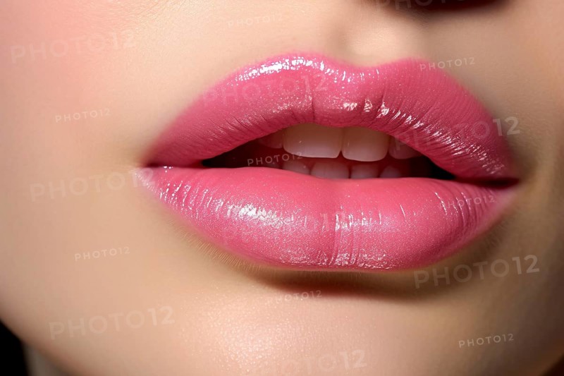 Close up of woman's lips with pink lipstick. KI generiert, generiert AI generated