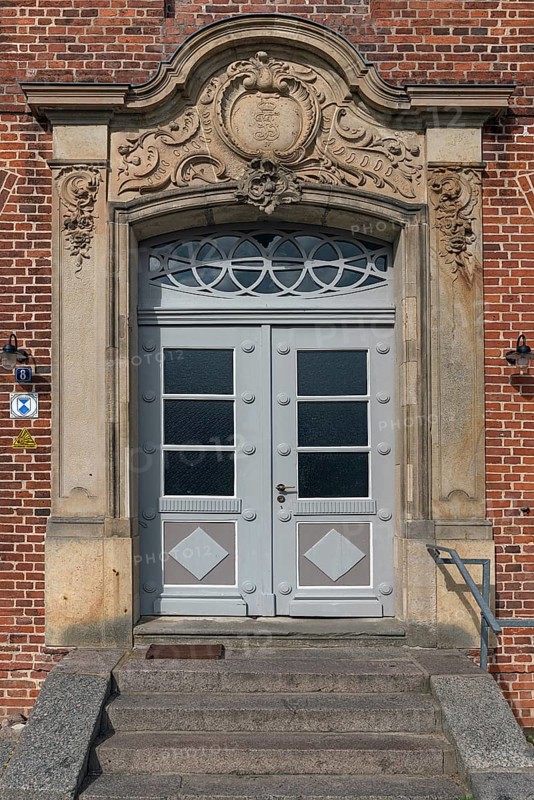 Entrance portal of the former Plueschow Castle, built in 1763, today a cultural centre, Am Park 6, Plueschow, Mecklenburg-Vorpommern, Germany, Europe