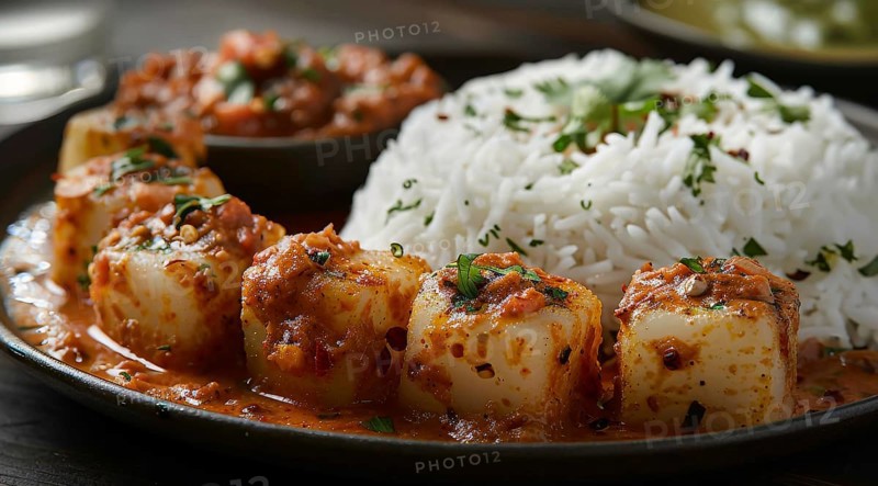 Cubed paneer in a tomato-based spicy sauce alongside basmati rice on a plate with a bowl on side, ai generated, AI generated