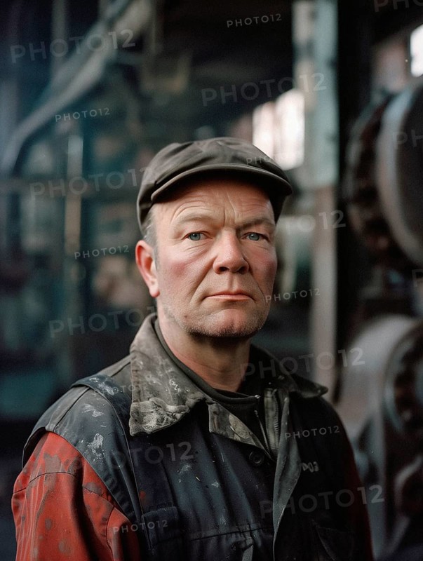 Portrait of a 55-year-old factory worker, dressed in a worn uniform, AI generated