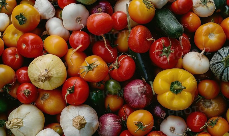 Background of fresh tomatoes and onions, top view, close-up. AI generated