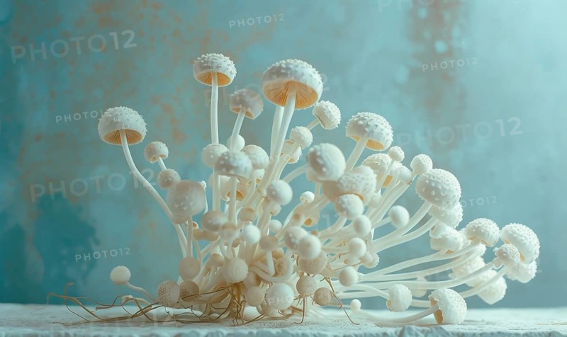 White shimeji mushrooms in a vase on a blue background. AI generated