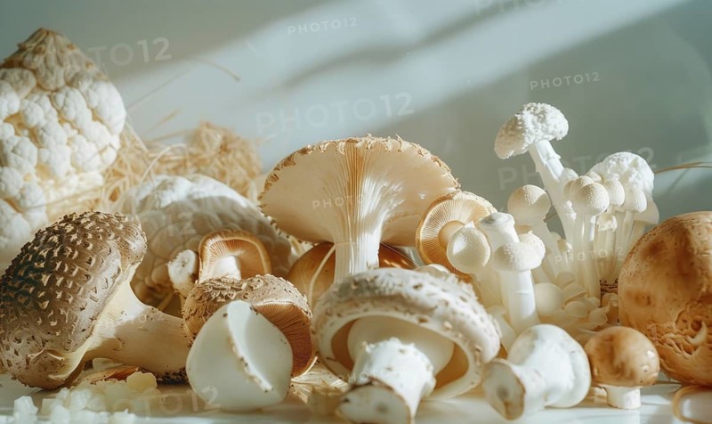 Mushrooms on a white background. Shallow depth of field. AI generated