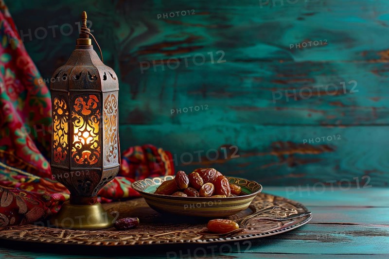 Ramadan lantern with a plate of succulent figs, set on an ornate table with intricate designs, evoking the rich traditions and serene moments of the holy month, AI generated