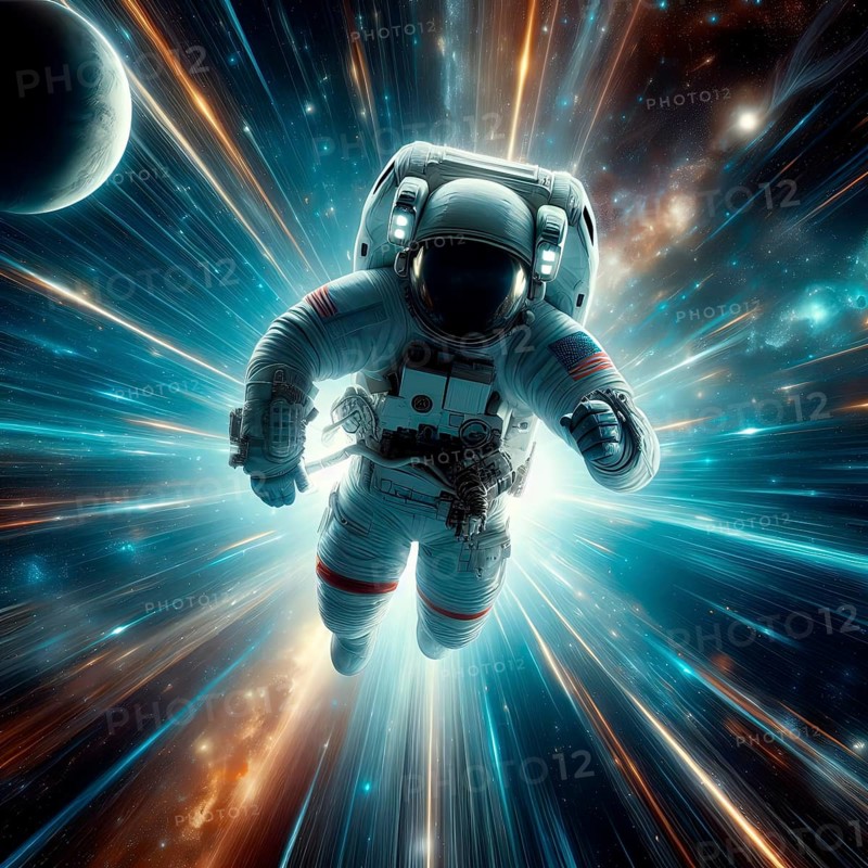 An astronaut in a spacesuit flies at breakneck speed, the speed of light, through space, symbolic image science fiction, space, space travel, AI generated, AI generated