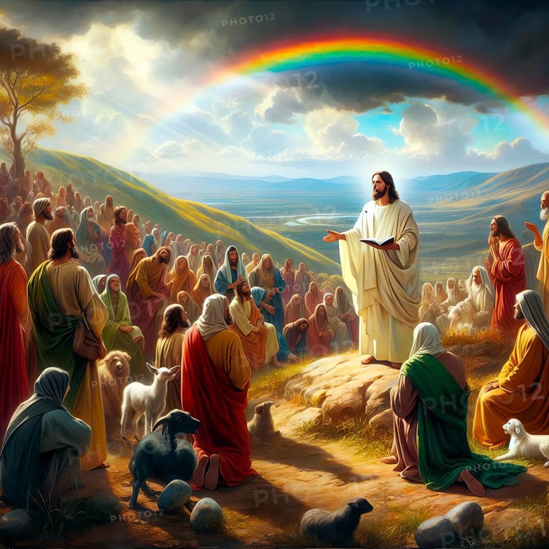 Jesus Christ proclaims the Sermon on the Mount, symbolic image myth, religion, saviour, Christianity, martyr, Jesus of Nazareth, New Testament, AI generated, AI generated