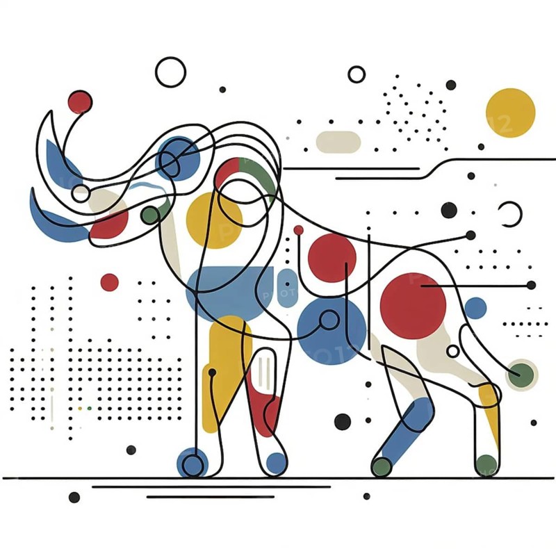 Modern abstract line art of a mammoth with geometric shapes and primary colors, continuous line art, creature is stylized and simplified to the most basic geometric forms, exaggerated features, adorned with splashes of primary colors, clean white solid background, with subtle geometric shapes and thin, straight lines that intersect with dotted nodes and overlap the figures. The overall aesthetic is modern and contemporary, AI generated