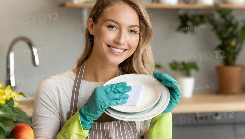 AI generated, woman, woman, 30, 35, blonde, blond, blonde, kitchen, sink, kitchen table, dishes, washing up, washing dishes, plates, cups, glasses, dishcloth, gloves, cleaning, water, polishing cloth, polishing, clean, cleanliness, housewife, mother, family