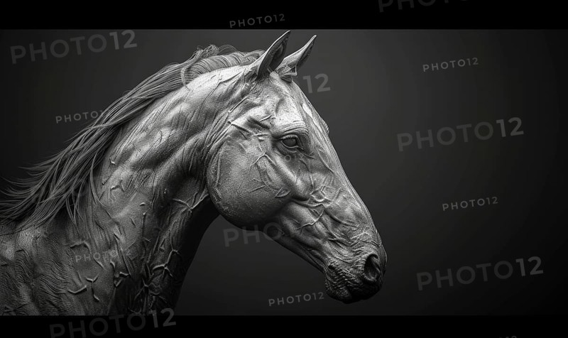 Monochromatic image of a sculpted horse head with a metallic texture AI generated