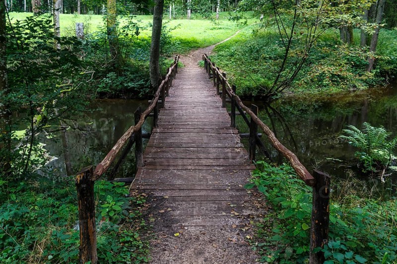 Wooden bridge over the river in the city park of Druskininkai. Lithuania