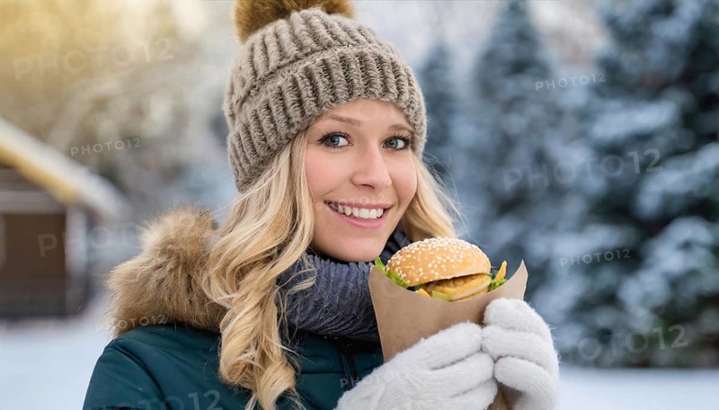 AI generated, human, humans, person, persons, woman, woman, 25, years, one, outdoor, ice, snow, winter, seasons, eats, eating, burger, hamburger, cap, bobble hat, gloves, winter jacket, cold, coldness