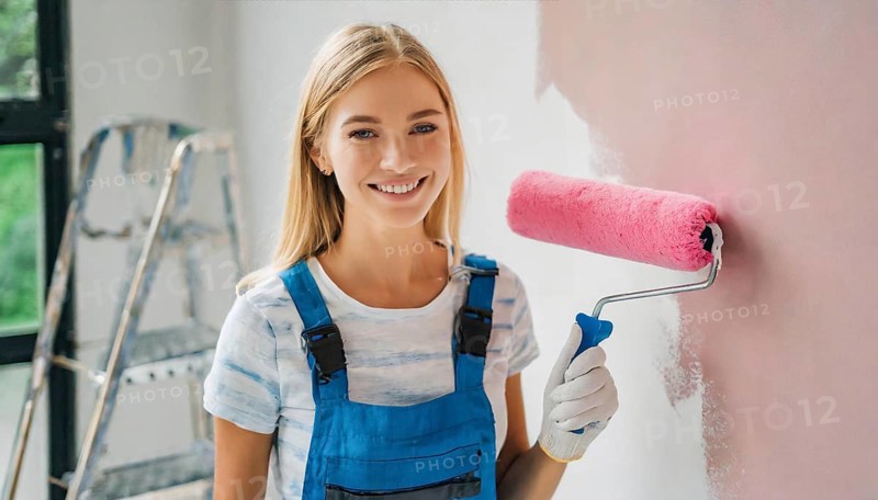 AI generated, woman, woman, a young girl paints a wall with new colour, pink, pink, renovation of old flat, paint roller, ladder, paint, 20, 25, years, one, one person, daughter, student, pastime, family, girl, smiling, smiling, fun at work, laughing, laughing, laughing, dungarees, jeans