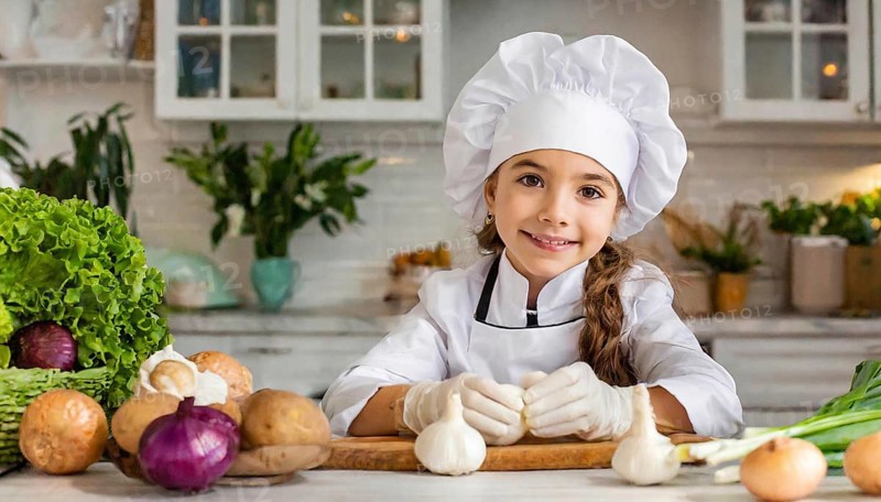 AI generated, human, humans, person, persons, child, children, 8 year old girl cutting onions in a white kitchen, chef hat, smock, cute, cute, beautiful eyes, beautiful teeth, cook, cook, kitchen table, vegetables, onions, garlic