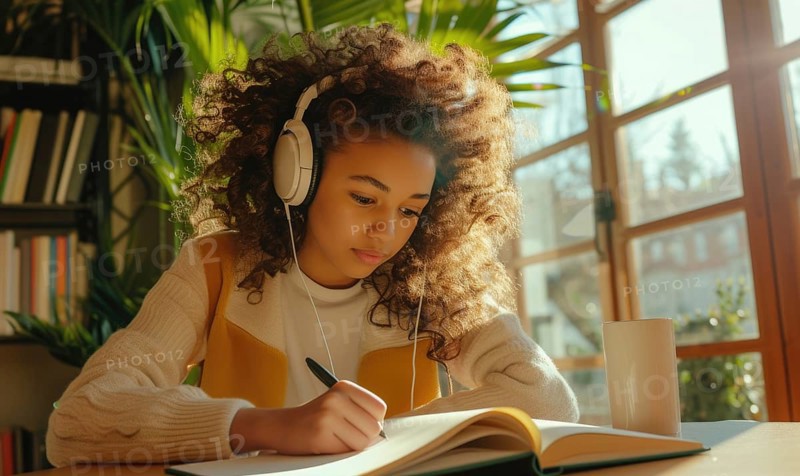 Young girl in headphones focused on studying with a notepad in morning sunlight AI generated