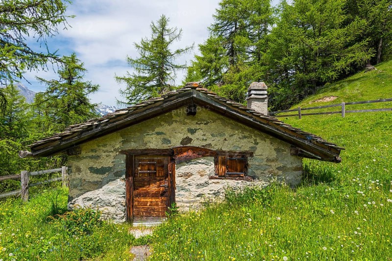 Swiss mountain hut in the Valais Alps, nature, hut, alpine pasture, mountain pasture, idyllic, idyllic, flower meadow, alpine landscape, lovely, romantic, refuge, shepherd, tourism, travel, holiday, summer, summery, picturesque, scenery, Valais, Switzerland, Europe