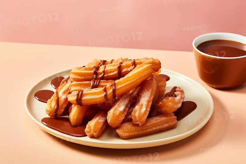 Fried Churros with choclate sauce on plate. KI generiert, generiert AI generated