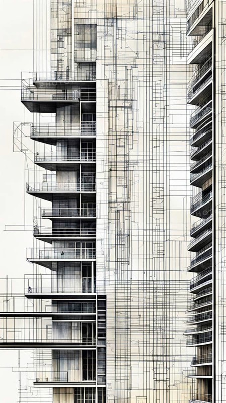 Monochrome architectural blueprint of a multistory residential building, vertical aspect ratio, off white background color AI generated