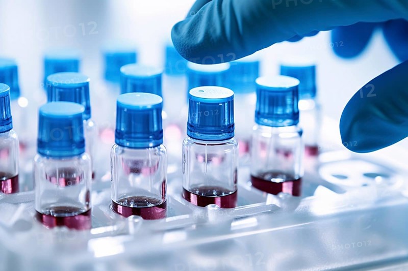 Small vials and hand with blue medical glove in research lab. KI generiert, generiert AI generated