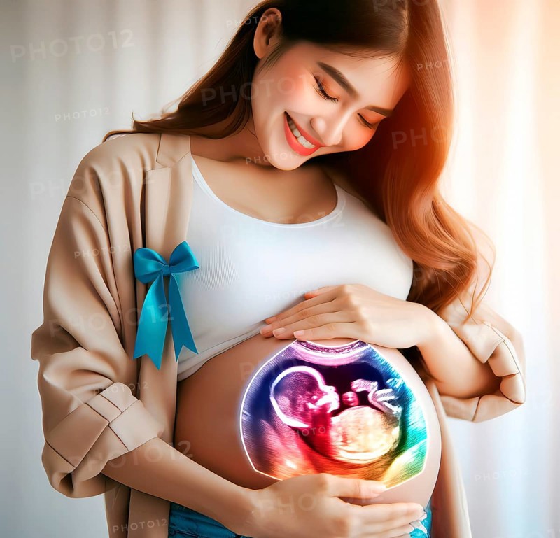 A pregnant young woman with the ultrasound image of her unborn baby in the womb, symbolic image pregnancy, embryo, foetus, desire to have children, AI generated, AI generated