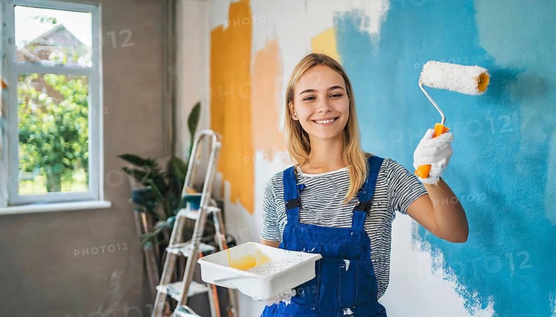 AI generated, woman, woman, a young girl paints a wall with new paint, white, white, renovation of old flat, paint roller, ladder, paint, 20, 25, years, one, one person, daughter, student, pastime, family, girl, smiling, smiling, fun at work, laughing, laughing, laughing, dungarees, jeans
