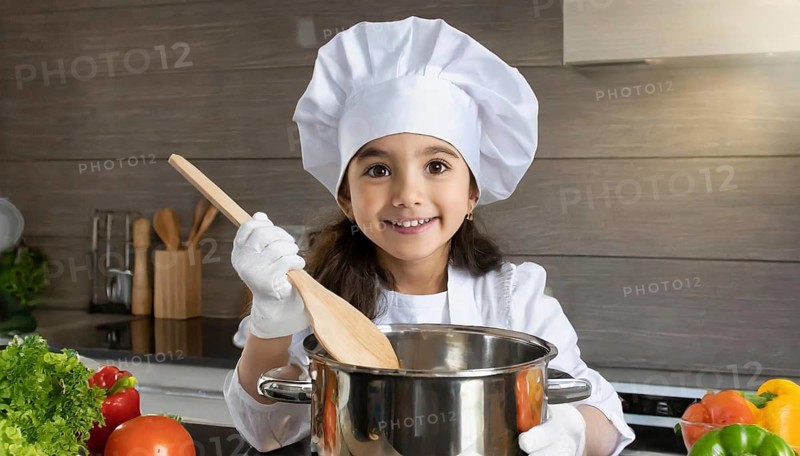 AI generated, human, humans, person, persons, child, children, 8 year old girl cooking a vegetable soup in a white kitchen, chef's hat, smock, cute, cute, cute, beautiful eyes, beautiful teeth, cook, cook, kitchen table, vegetables, onions, garlic