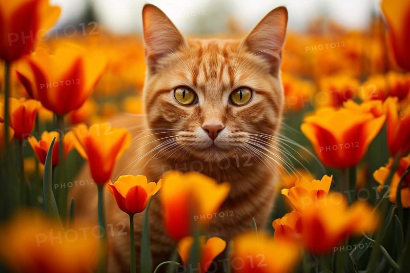 Ginger coloured cat between orange and yellow tulip spring flowers. KI generiert, generiert AI generated