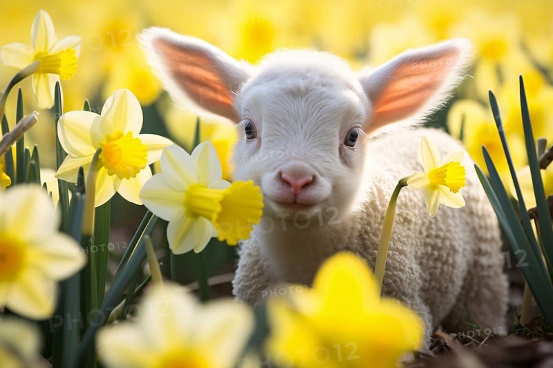 Young Easter lamb between yellow Daffodil spring flowers. KI generiert, generiert AI generated