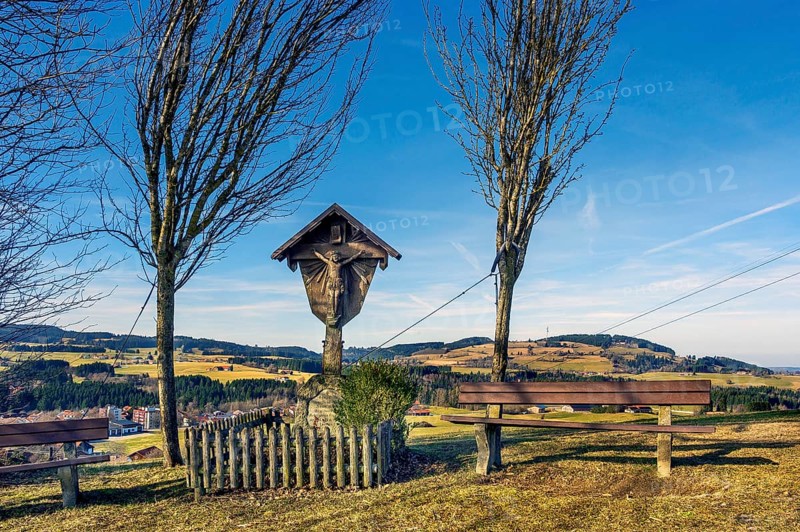 Crucifix with benches on the Buchenberg, Buchenberg, Allgaeu, Bavaria, Germany, Europe