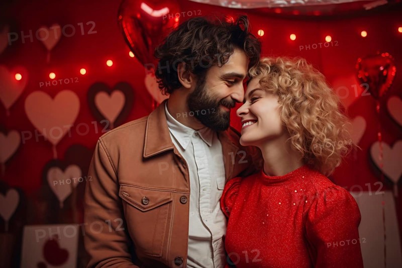 Cute couple in love at Valentine's day with heart shaped balloons. KI generiert, generiert AI generated