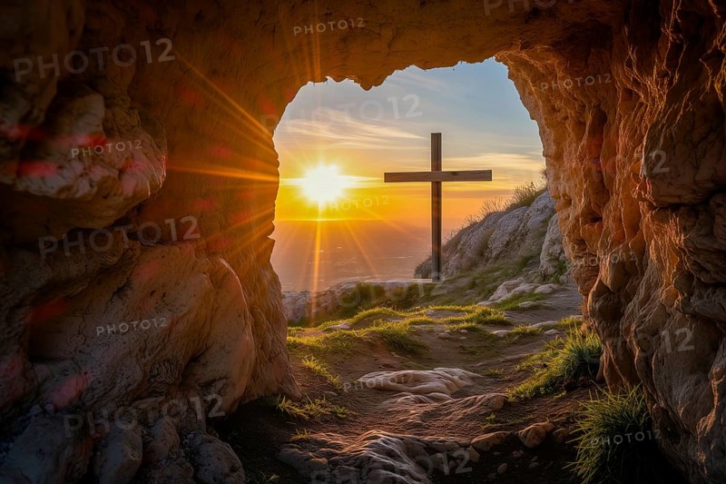 Easter concept cross on Golgotha Calvary hill against a dramatic sunset seen from open tomb of Jesus, AI generated