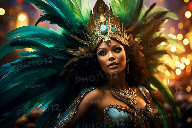 Captivating image capturing the essence of the Rio Carnival, showcasing a dancer adorned in an elaborate, vibrant costume, embodying the spirit and energy of this iconic festival, AI generated