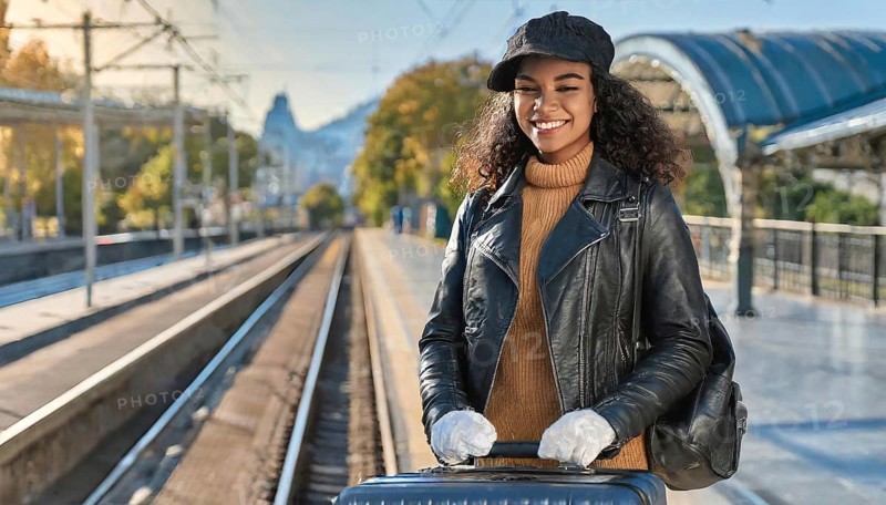 AI generated, A young blonde woman wants to travel and waits for the train at the station, 20, 25, blonde, blond, blonde, modern, modern, aluminium suitcase, handbag, fur jacket, white, sneakers, shoes, sexy, attractive, attractive, long-haired, transport, traffic