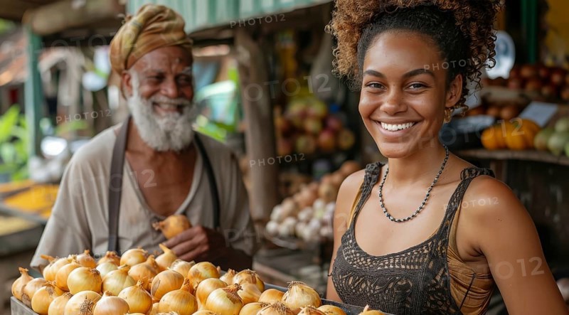 Young woman with a bright smile standing next to an elderly man at an onion stall, ai generated, AI generated