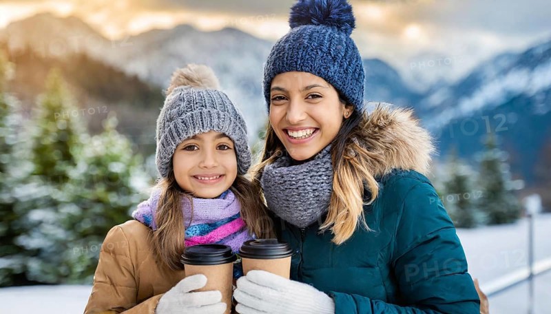 AI generated, human, humans, person, persons, woman, woman, child, children, two, mother and daughter, 10, 30, years, outdoor, ice, snow, winter, seasons, drinks, drinking, coffee, coffee mug, coffee to go, hat, bobble hat, gloves, winter jacket, cold, coldness