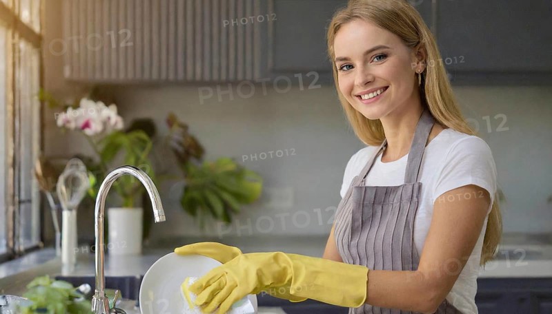 AI generated, woman, woman, 30, 35, blonde, blond, blonde, kitchen, sink, kitchen table, dishes, washing up, washing dishes, plates, cups, glasses, dishcloth, gloves, cleaning, water, polishing cloth, polishing, clean, cleanliness, housewife, mother, family
