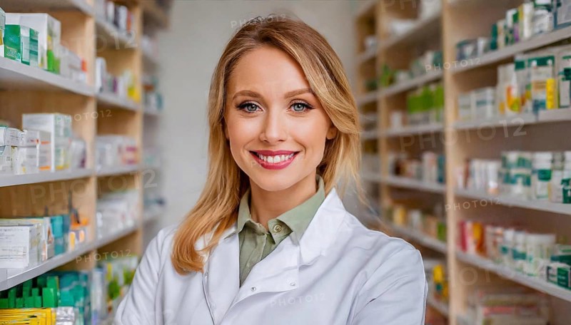 AI generated, A young pharmacist in her pharmacy, portrait, 30, 35, years, female, blonde, blond, blonde, beautiful teeth, smiles, long hair, profession, professions, medicines in the background