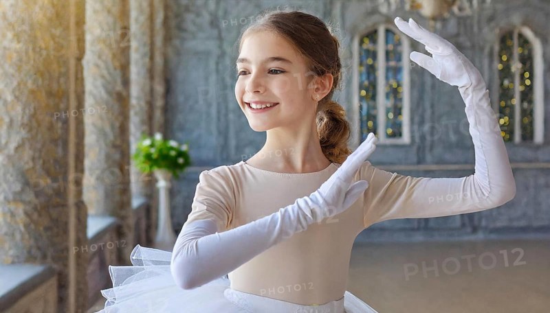 AI generated, girl, 10, 12, years, brunette, dances, dancing, ballet, study, exercise, classical, classical dance, ballet dance, stage dance, fitness, fitness alternative, body, emphasised, figure, figures, classical music, hall, theatre, castle, system of dance steps, strength, agility, accuracy, body control, coordination, ballet suit, leotard, white gloves