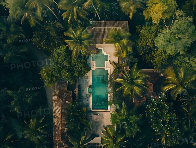 Aerial view of a secluded luxury villa with a swimming pool surrounded by tropical trees, Playa del Carmen beach in Mexico, AI generated