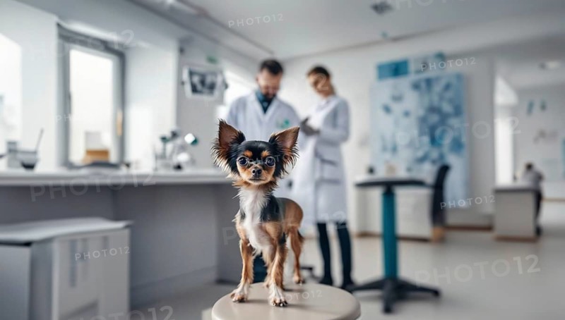 Small toy terrier dog at a veterinary clinic appointment, AI generated